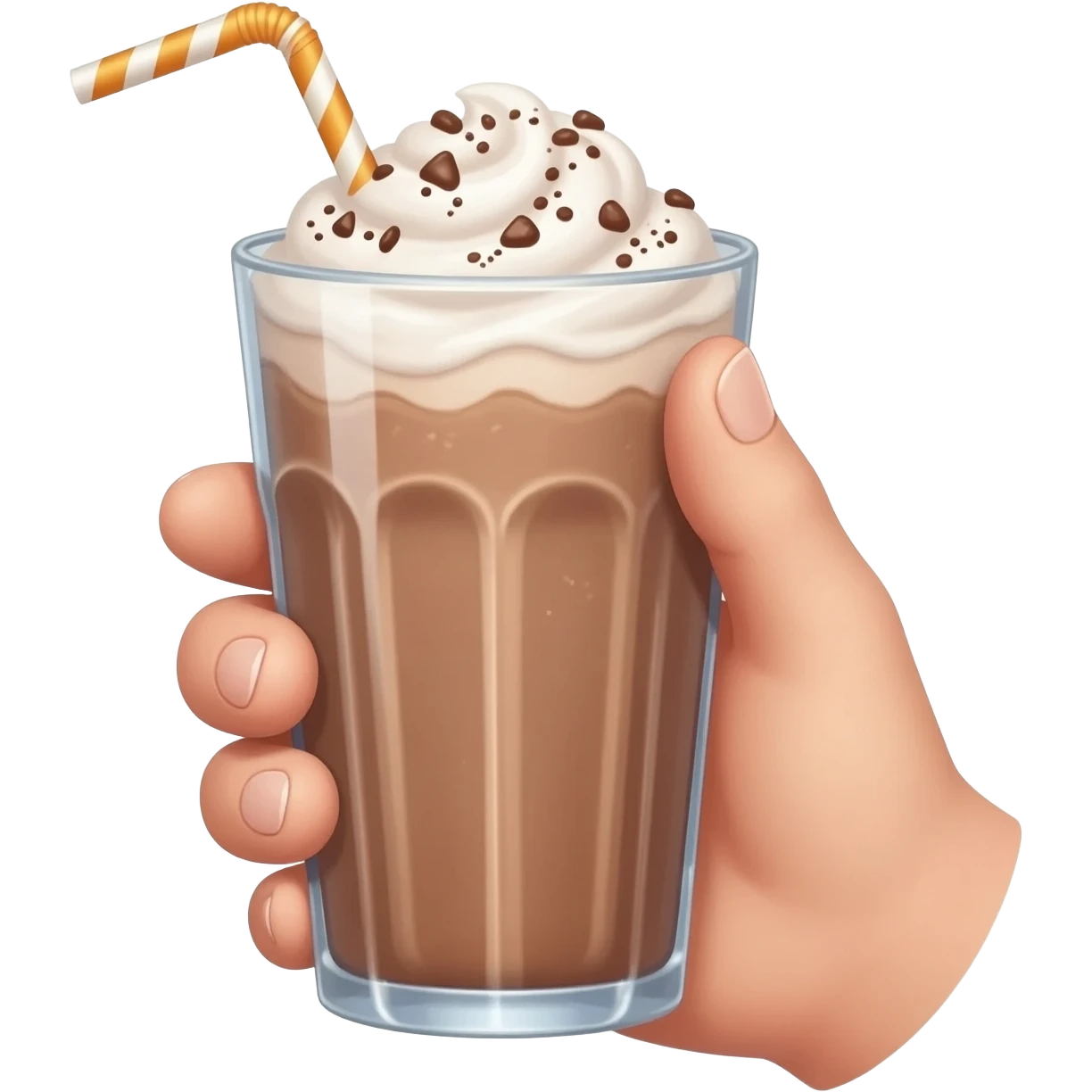 chocolat froid dans un grand verre avec une paille tenue par une jolie main de femme Style Pinterest réaliste emoji