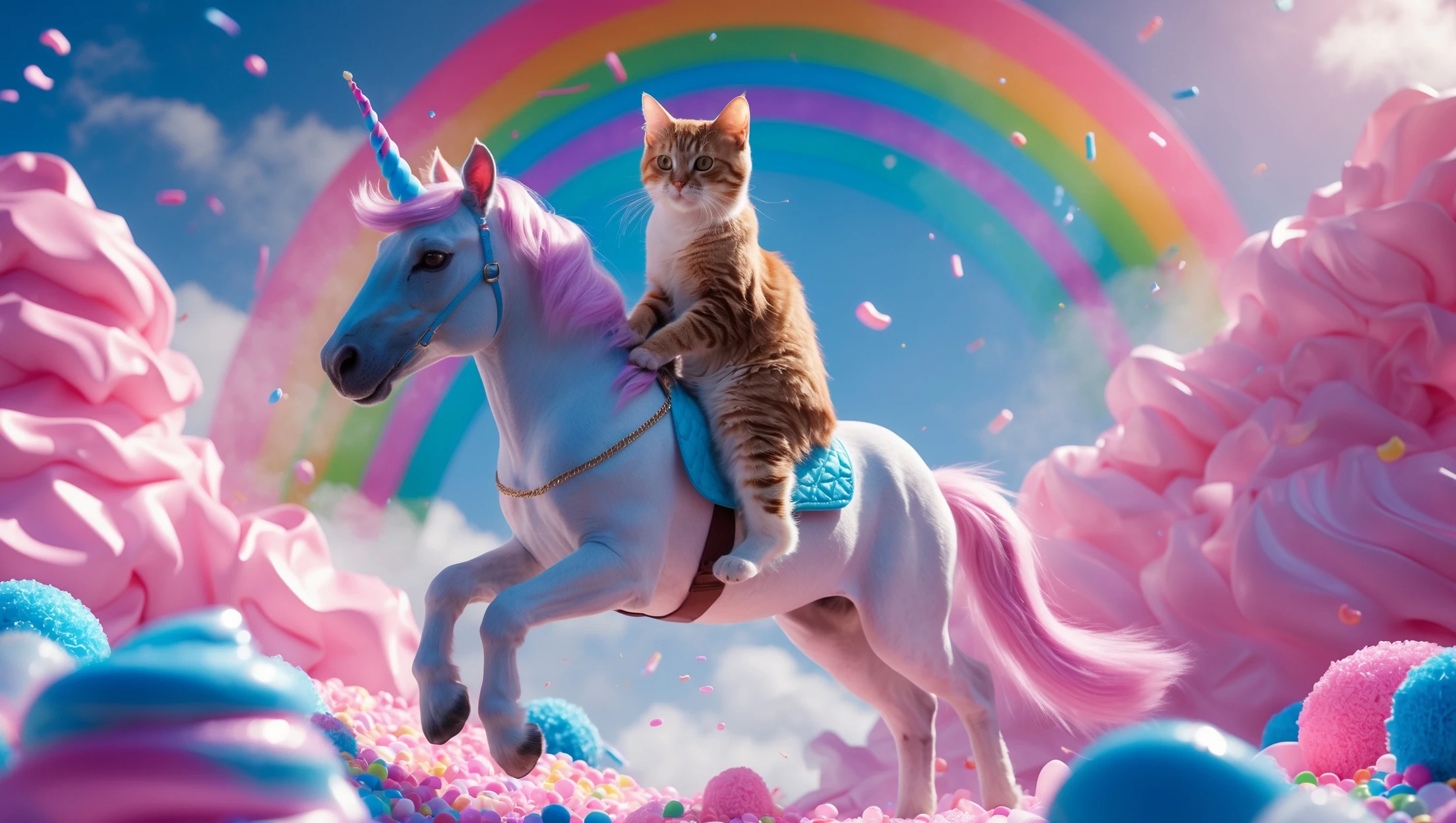 Cinematic still of a cat riding on unicorn around magic pink, and blue candy world, rainbow, dynamic shot emoji