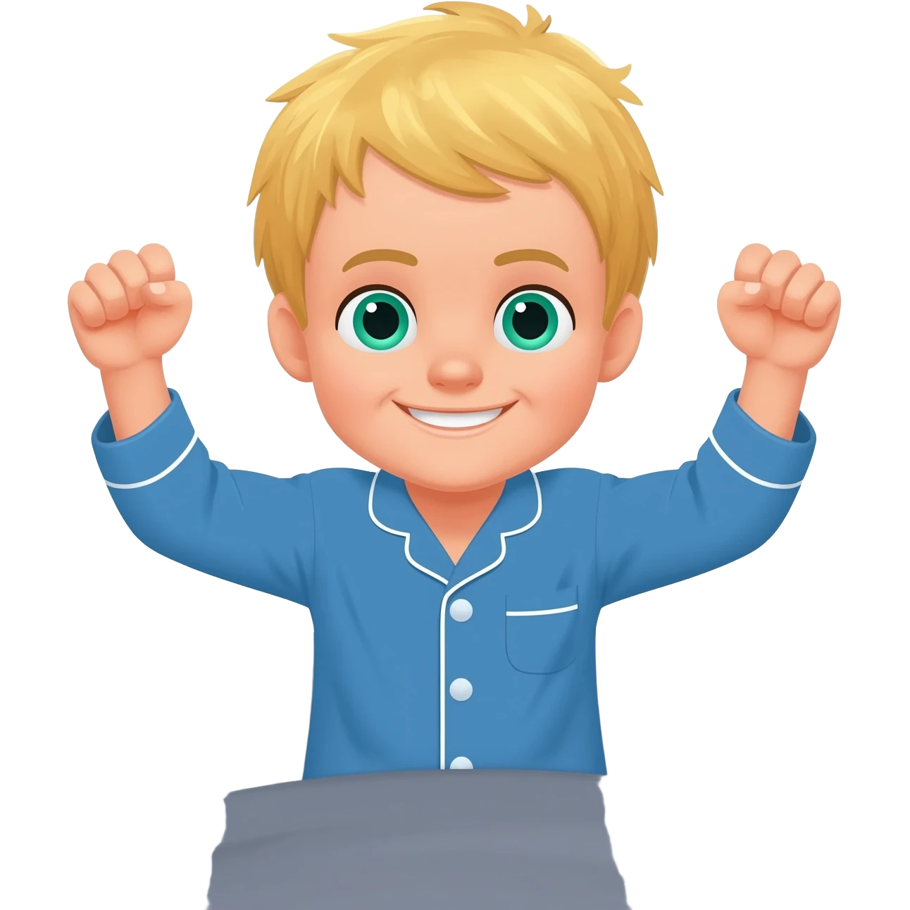 Use the same 3 year old blonde boy with blueish-green eyes, it should be the same boy as before  happy with plain blue pajamas raising both arms up and hands like fists, sitting on the bed, the bed should be gray emoji
