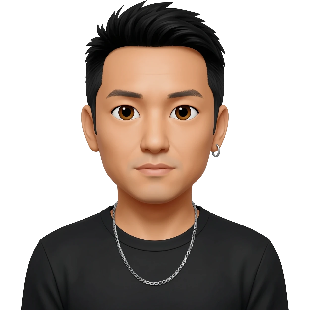 Mike Shinoda with brown eyes, black hair, black metallic t-shirt, silver necklace emoji
