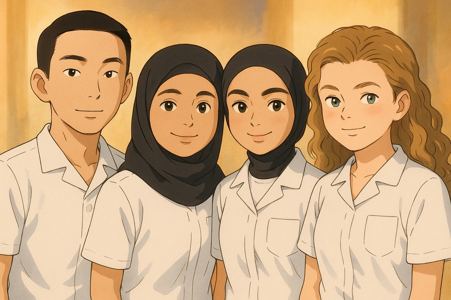 Four nursing students standing side by side in a warm atmosphere, wearing white short-sleeve uniform tunics without collars, no undershirts or stethoscopes. The tunics have V-neck collars and a chest pocket on the left side. Faces and attitudes inspired by the four provided photos, in Ghibli style. emoji