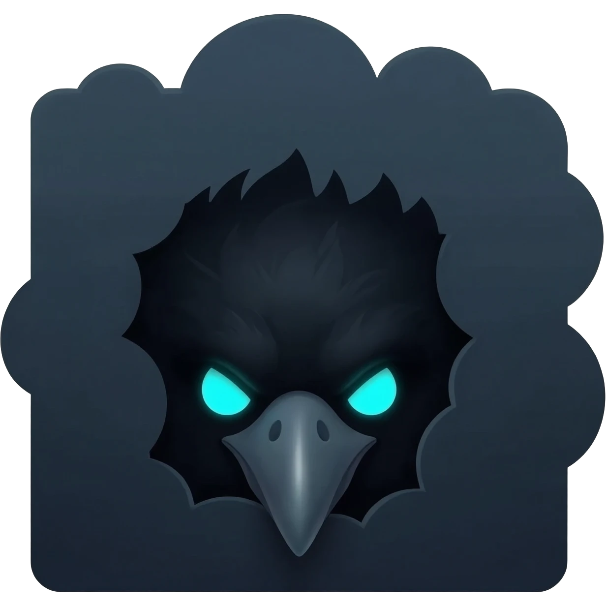 Just the raven's head and its two glowing cyan eyes peeking from behind a dark, stylized wall (like a bush from the sketch style, but darker). emoji
