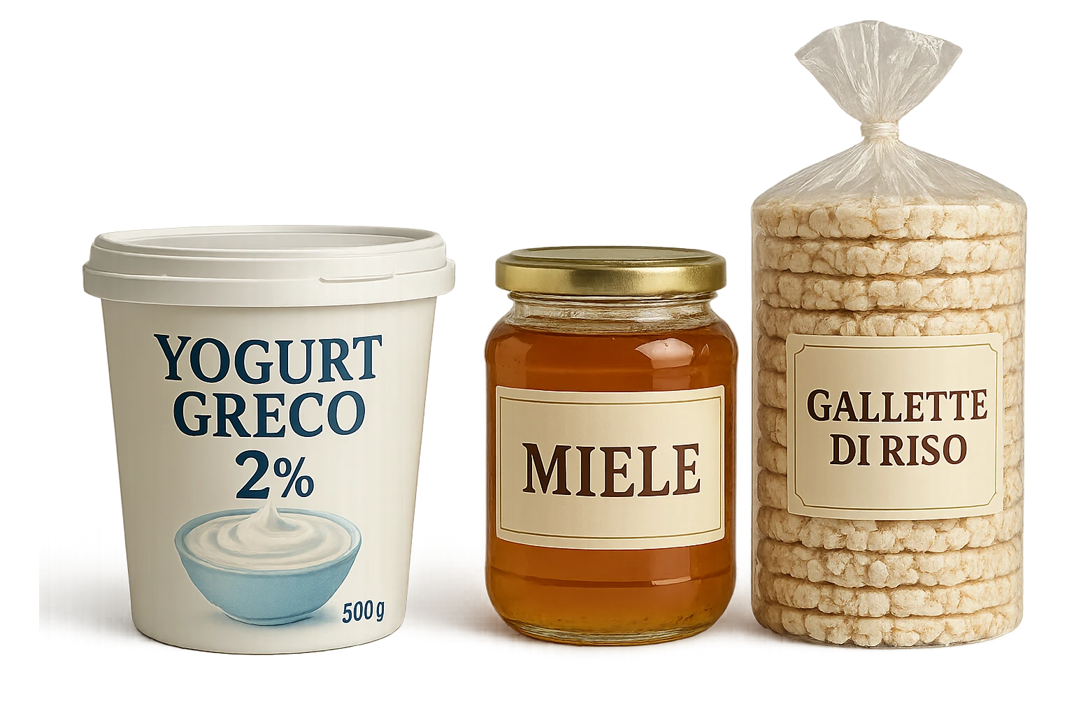 Yogurt Greco 2%
Miele (senza il cucchiaio di legno)
Gallette di Riso
vista frontale, iperrealistico 4k emoji