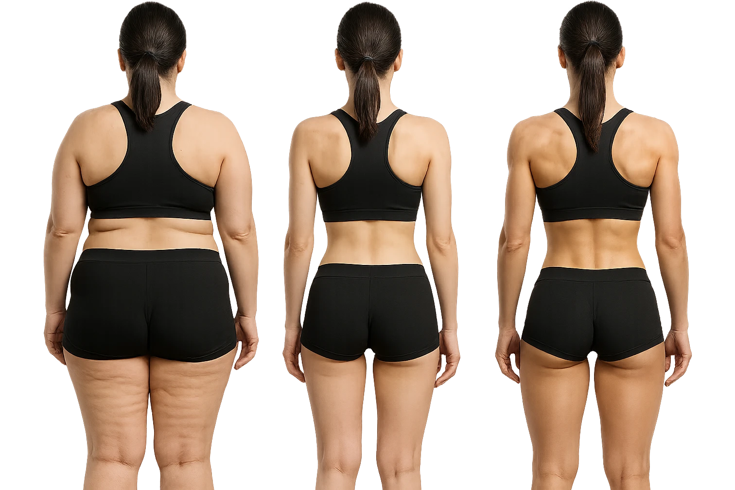 fai una donna di spalle in gym shorts leggermente sovrappeso e con cellulite e accanto una seconda donna di spalle magra (che è dimagrita post dieta) e accanto una terza donna in forma allenata e con le giuste proporzioni, l'immagine deve rappresentare il processo: da donna grassa, a donna piatta e magra, a donna allenata e in forma con i giusti muscoli, iperrealistico 4k emoji