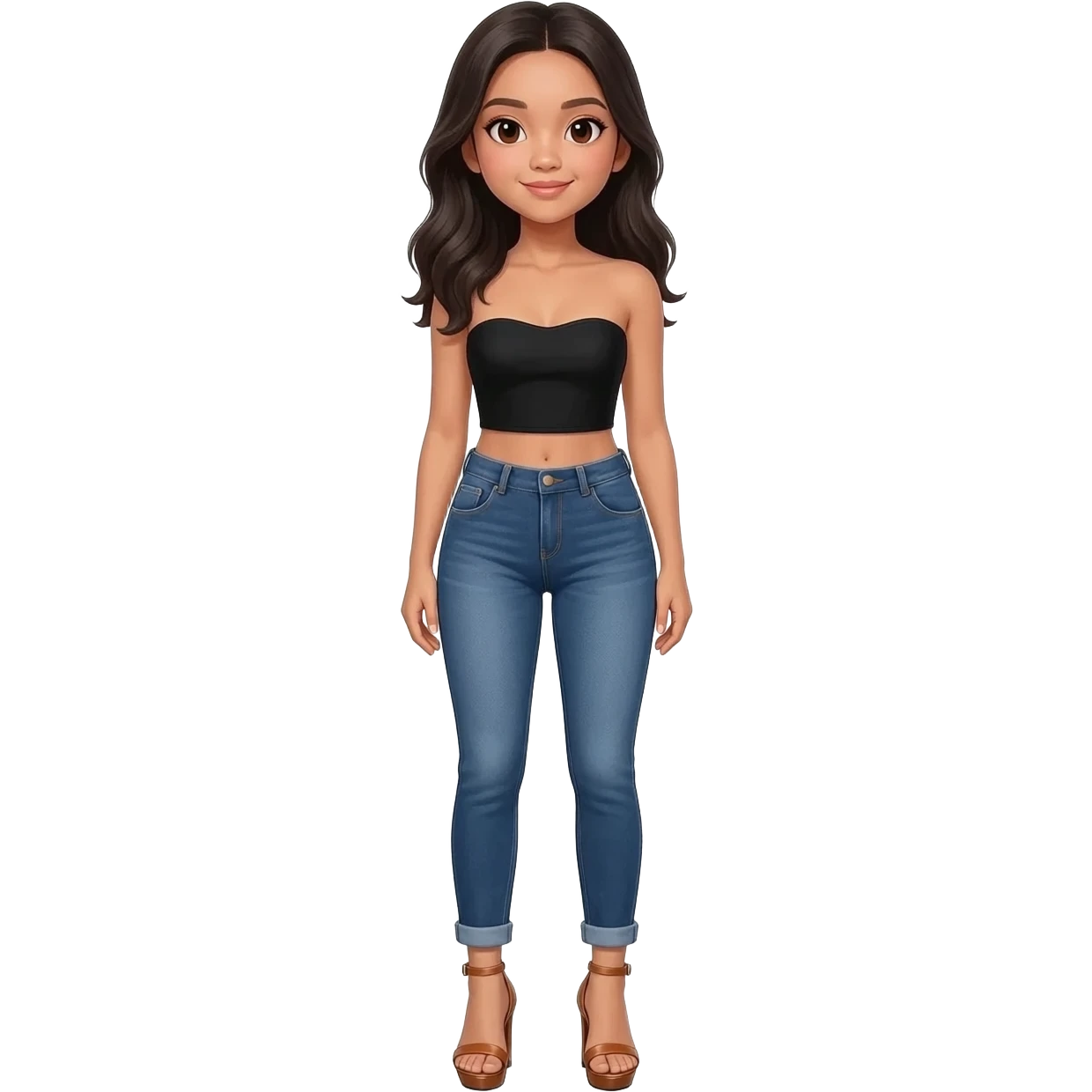 Filipino girl black bra strapless top and low waisted denim jeans  with feet stand straight body wear pageant high heels sandals brown emoji