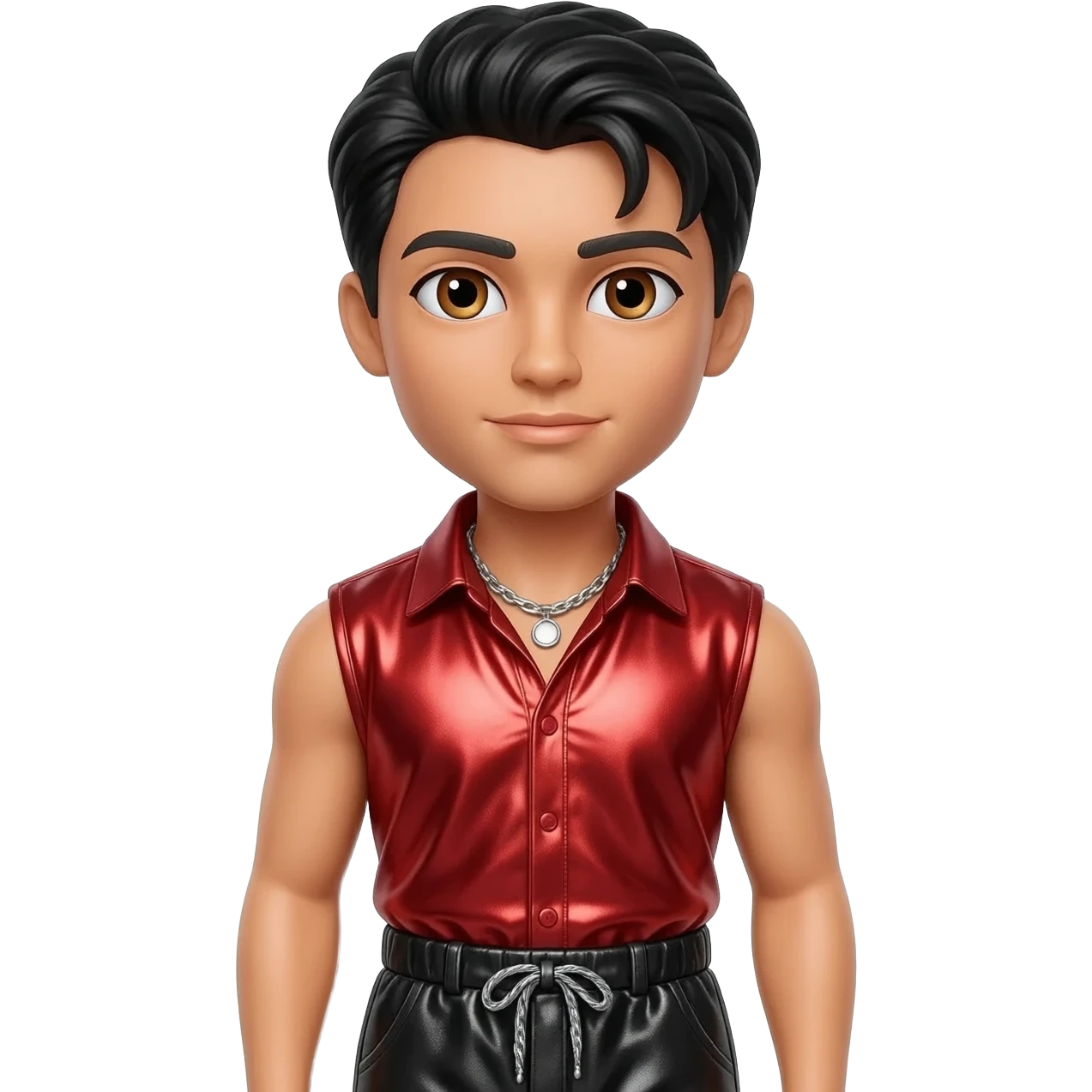 Dylan from Bratz with hazel eyes, black hair, red metallic sleeveless shirt, black metallic baggy pants, silver necklace emoji
