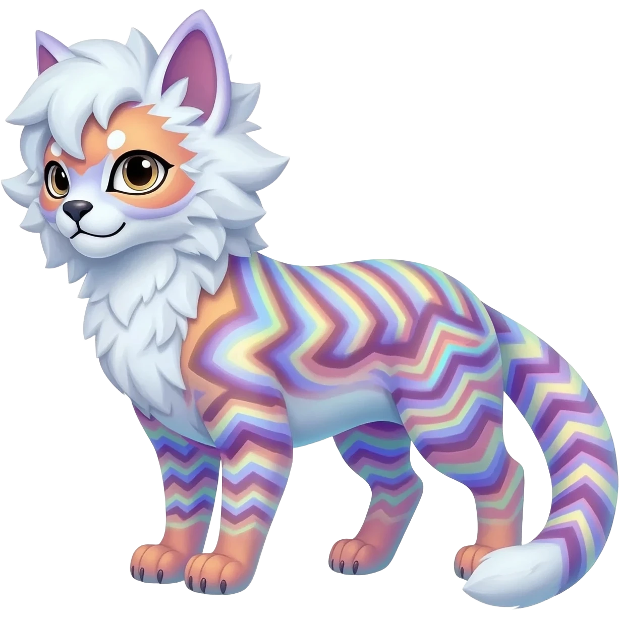 Realistic Colorful pale light fruity pastel white glorious iridescent exotic albino neon vibrant zigzagged fantasy-caracal-civet-genet-sergal-vernid-Gryphon-Cacomistle-Trico-oncilla-animal-Fakémon-hybrid-fursona (full body), facial markings, (realism style) emoji