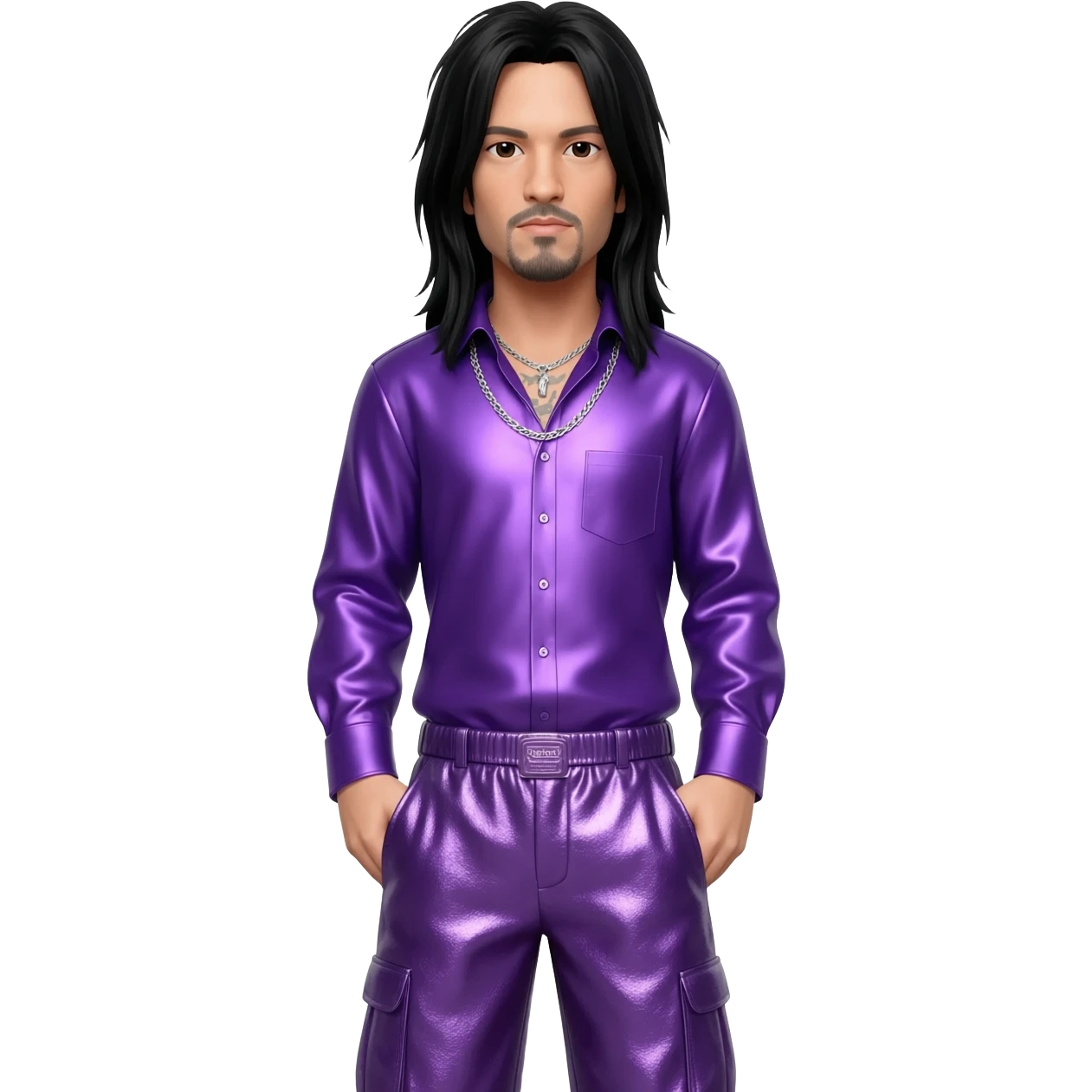 Jonathan Davis with long black hair, purple metallic shirt, purple metallic baggy pants, silver necklace emoji