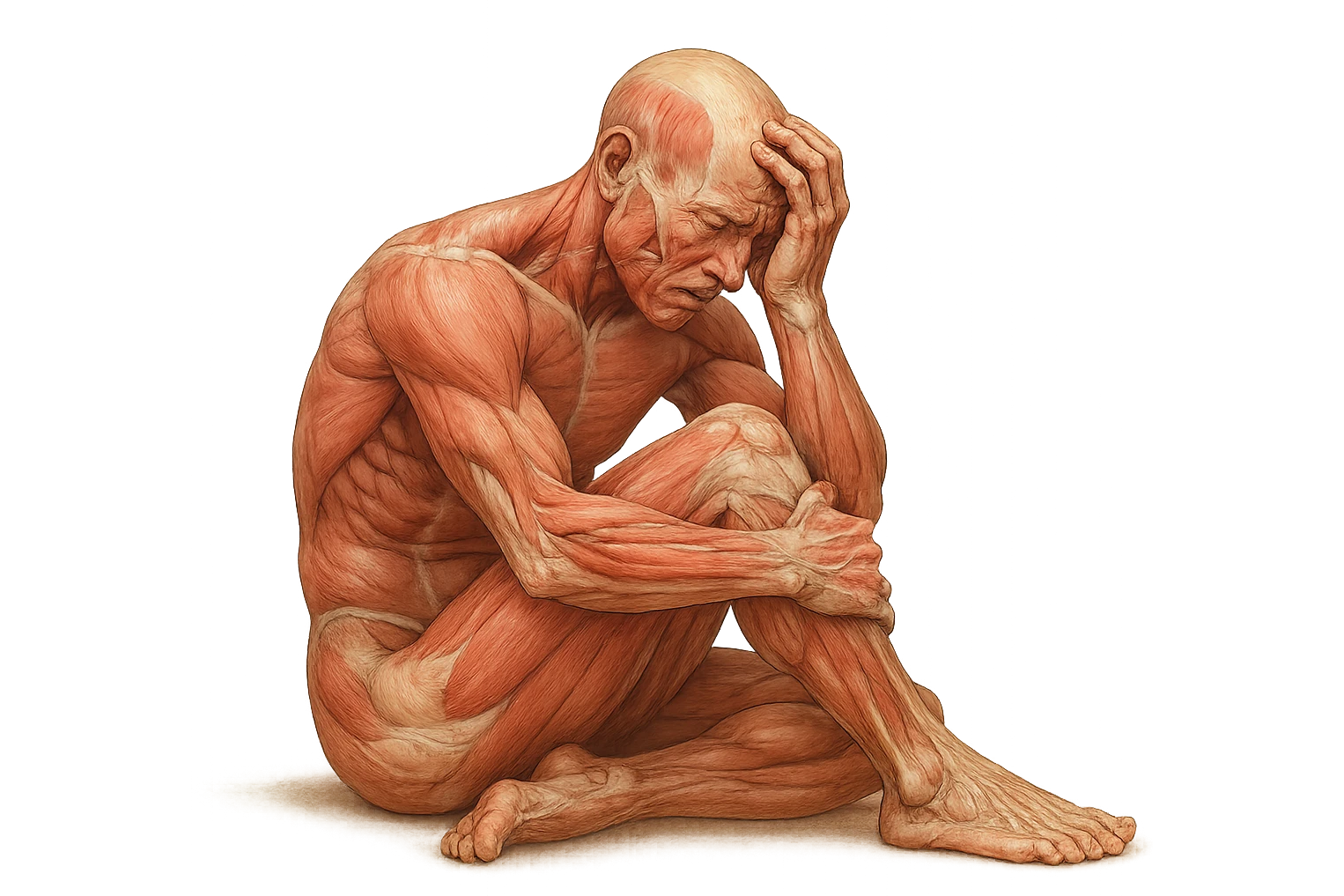 corpo umano anatomico realistico seduto a terra con postura delle spalle chiuse, mani sulla fronte ed espressione disperata in volto, isolato su sfondo bianco emoji