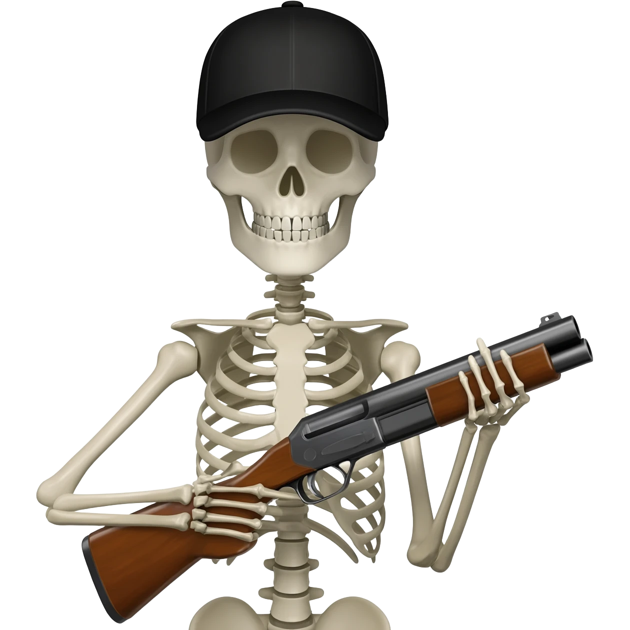 A skeleton wearing a black baseball cap holding a shotgun at you emoji