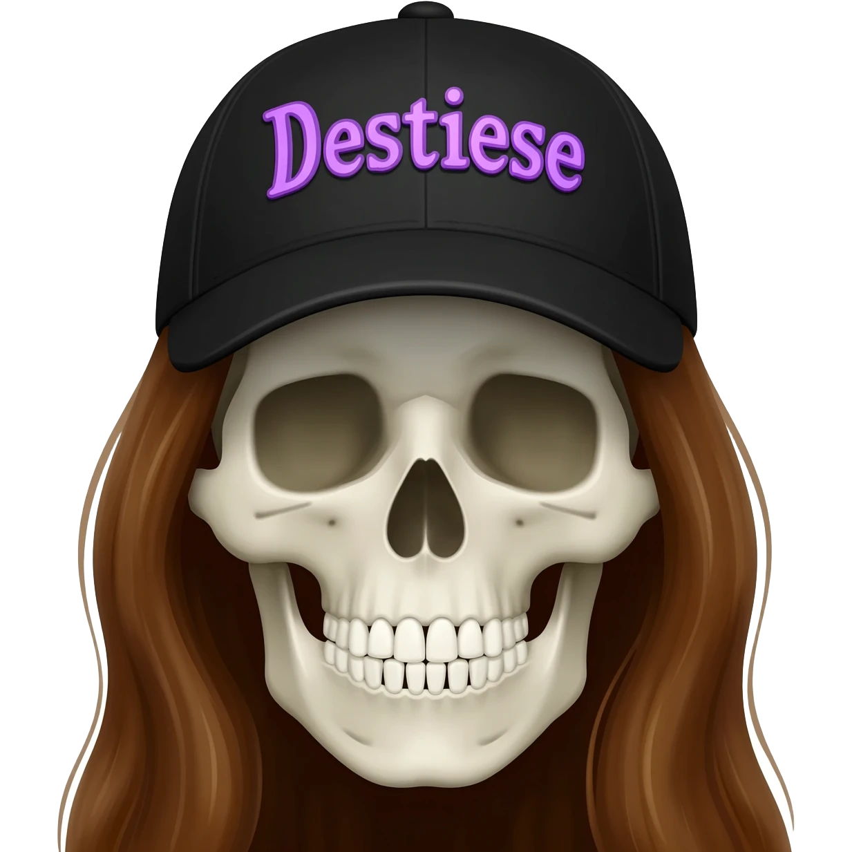 Create a skeleton head wearing a black baseball cap that says "Destinee" in lavender lettering, with long brown hair emoji