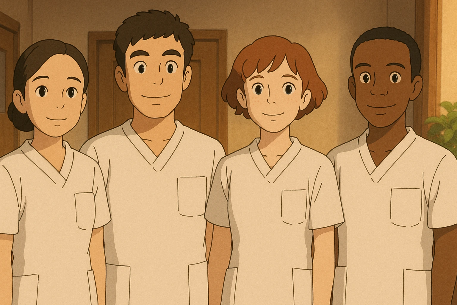 Four nursing students standing side by side, inspired by four referenced faces, in Ghibli style, wearing short-sleeved white medical uniforms without collars, no undershirts or stethoscopes. The tops are medical tunics with V-neck collars and a left chest pocket. Warm indoor ambiance. emoji