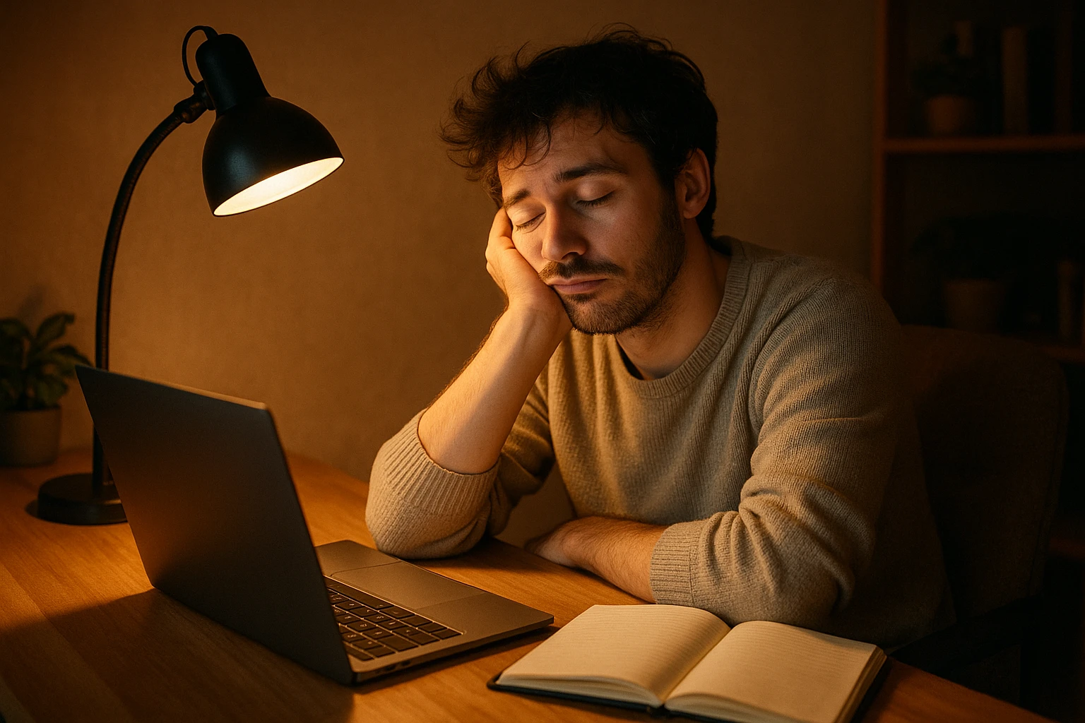 tired blogger with a laptop, head resting on hand, sleepy expression, open notebook, cozy workspace, soft lighting emoji