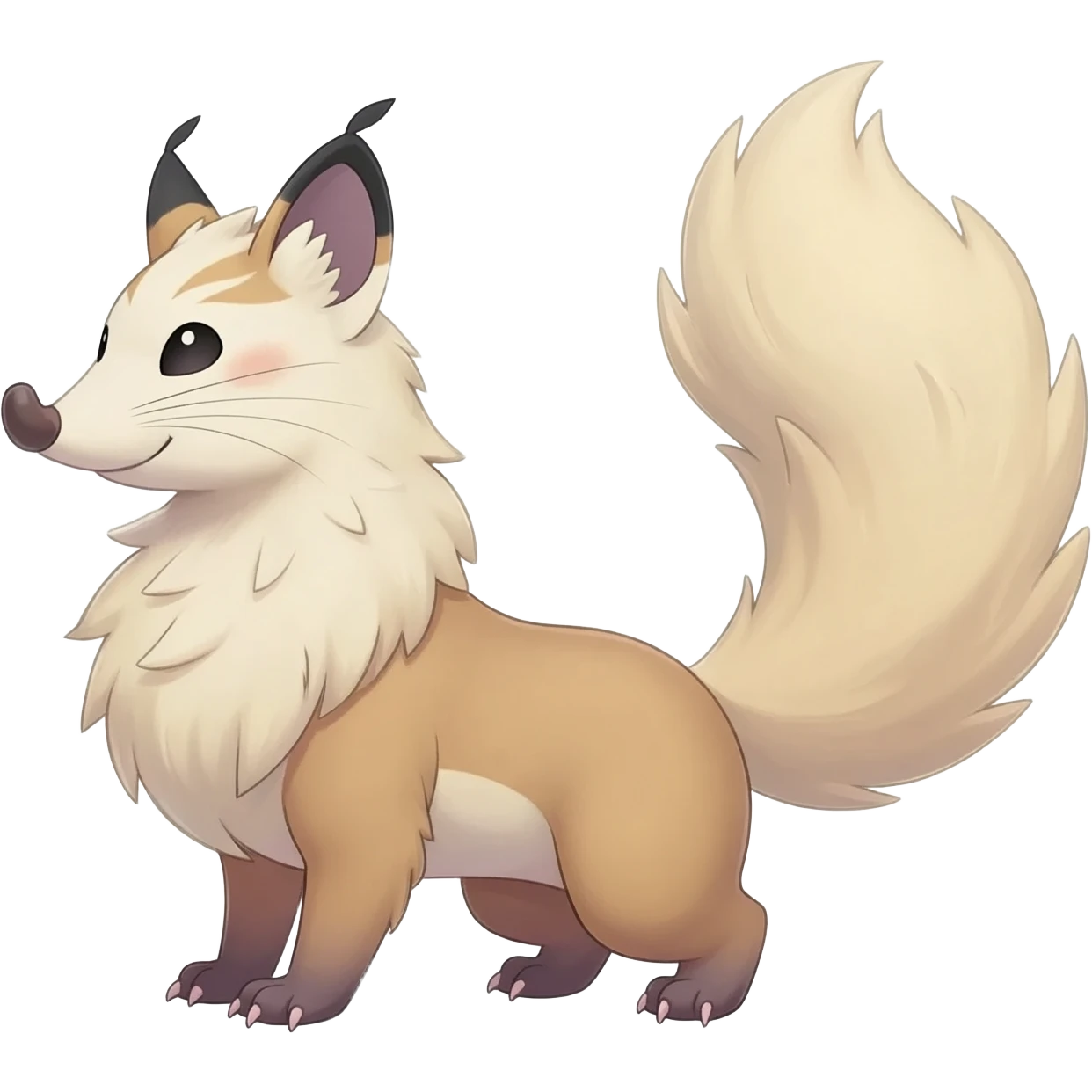 beautiful elegant pretty precious cute  Fakémon-Pokémon-opossum-feline-serval-caracal-chinchilla-Furret-Minccino-hybrid-creature with a big fluffy bushy tail (full body) emoji