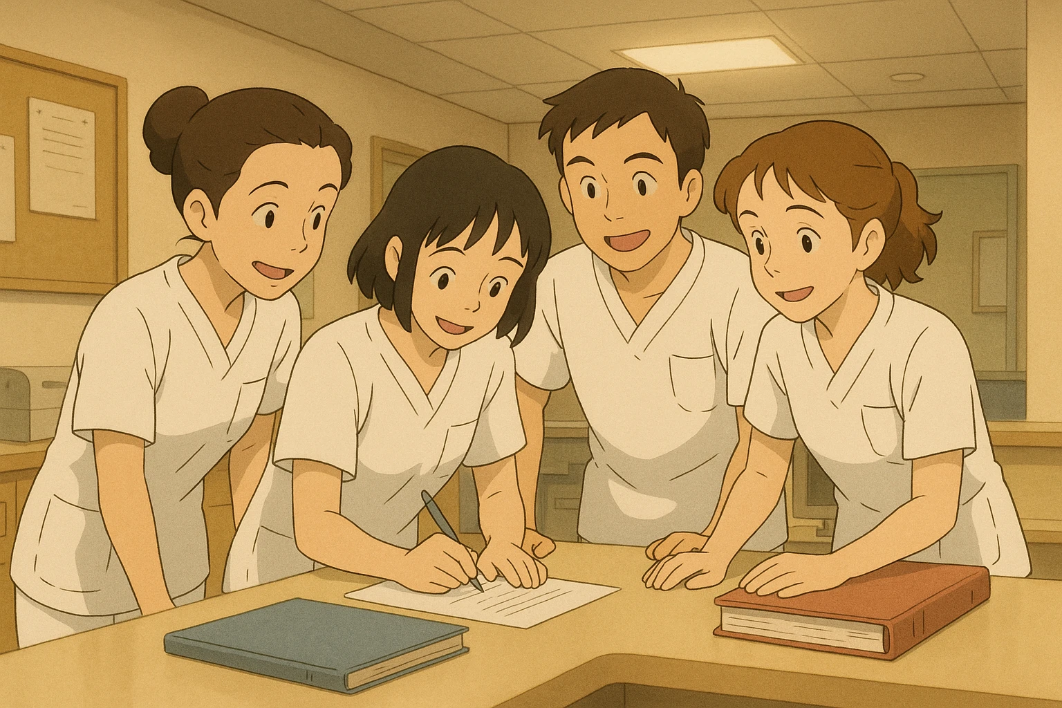Four nursing students modeled after photos, collaborating in a care station with team spirit, Ghibli style. White uniforms with V-neck tunics, short sleeves, left chest pocket, no classic collar, no accessories or clothing under sleeves. Soft hospital decor and spirit of mutual aid. emoji
