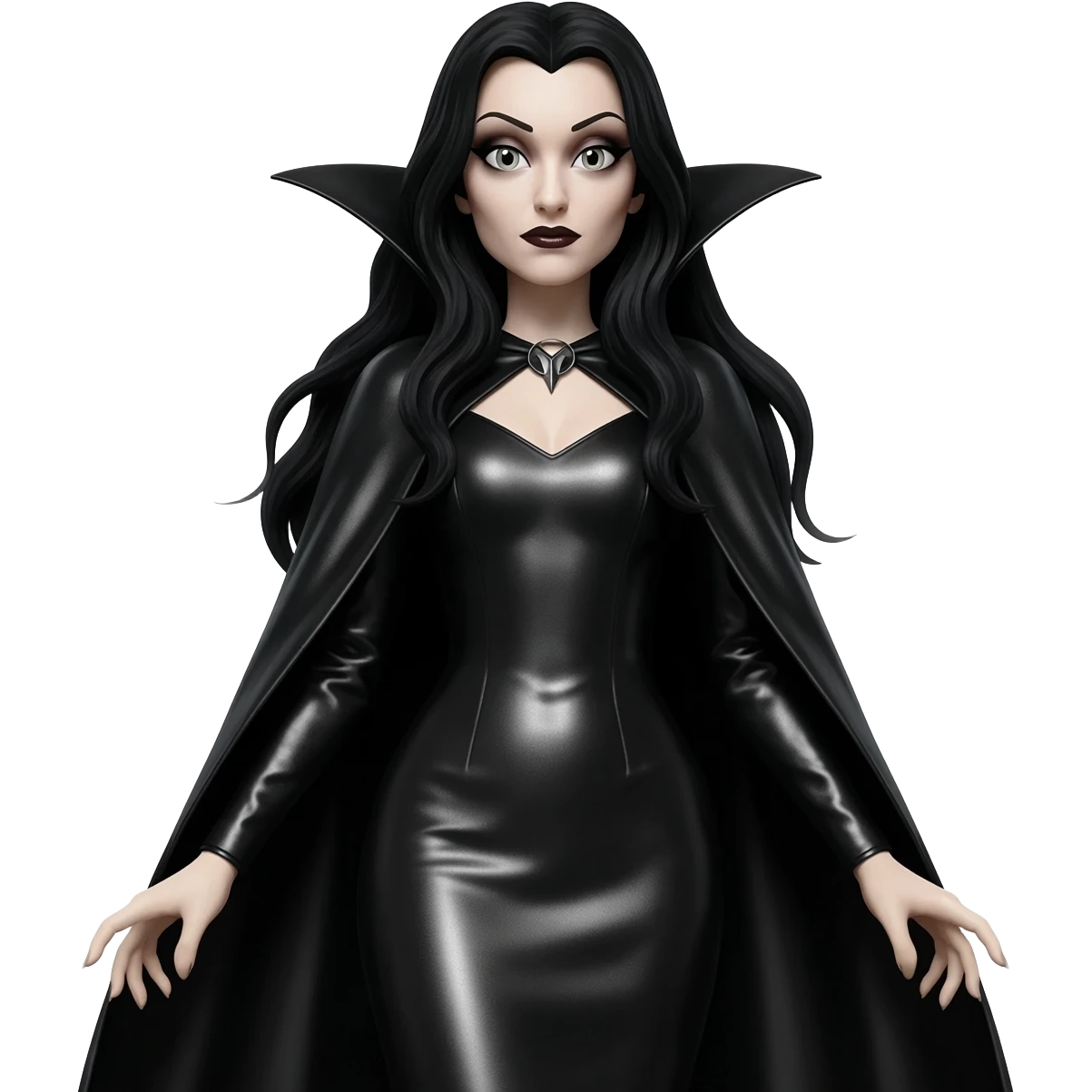 Countess Dracula from Universal Monsters with long black hair, black metallic long dress, black metallic long cape emoji