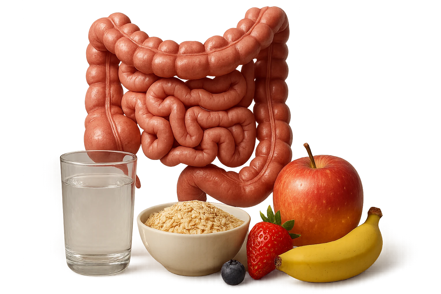 intestino umano anatomico sullo sfondo, davanti a lui un bicchiere di acqua, una bowl di avena e un po' di frutta mista, iperrealistici 4k emoji