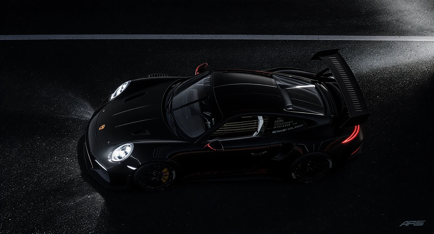 Editorial shot of a porsche 911 gt3 rs, top dutch angle, black voide around, top spotlight, captured on arri alexa emoji