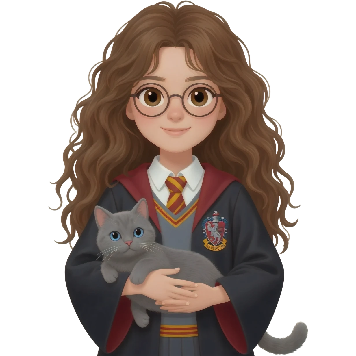 Asian girl with long messy wavy brown hair and brown eyes wearing Ravenclaw robe from Harry Potter, holding a gray cat with blue eyes in hands emoji