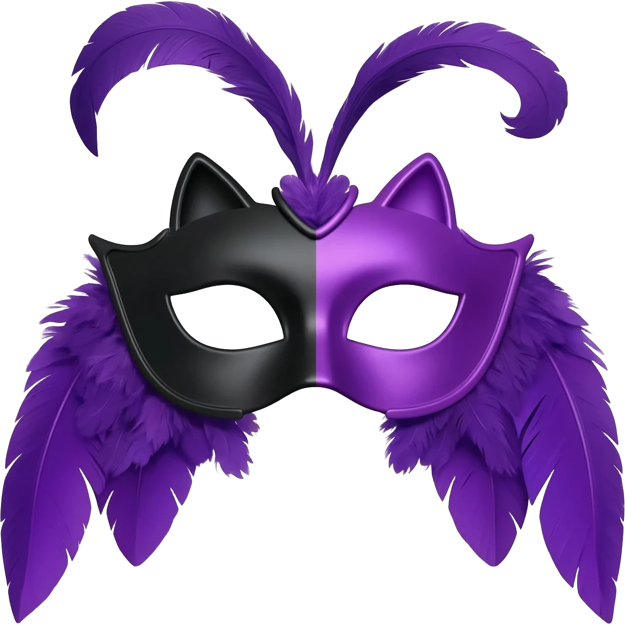 Purple masquerade mask emoji, black and purple split, glowing outline, cat eyes, wings, transparent background, Discord emote style, vector flat design emoji