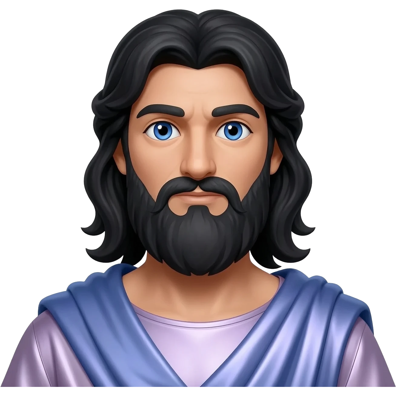 Jupiter from Roman Mythology with blue eyes, long black hair and beard, pale purple metallic tunic, light steel blue metallic cloak emoji