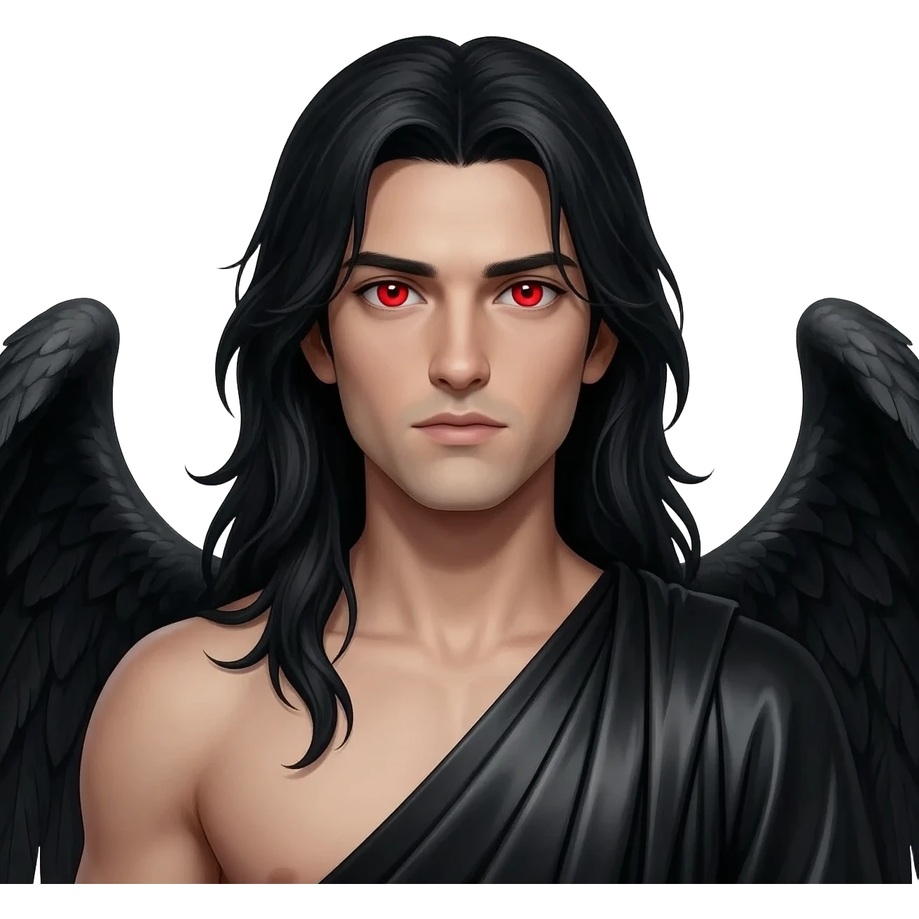 Male Fallen Angel from Christian Mythology with red eyes, long black hair, black metallic toga emoji