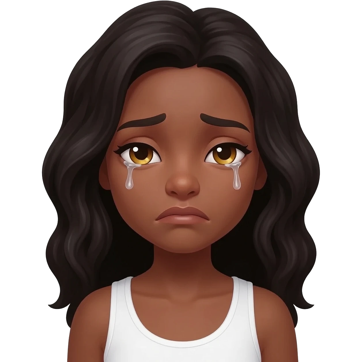 She has brown skin, long wavy black hair, and golden-brown eyes.She has a very sad expression crying with downcast eyes and a slight frown. Image  Both images must strictly follow the 3D Apple Memoji / iOS emoji aesthetic from the reference: soft lighting, clean 3D rendering, white tank top emoji