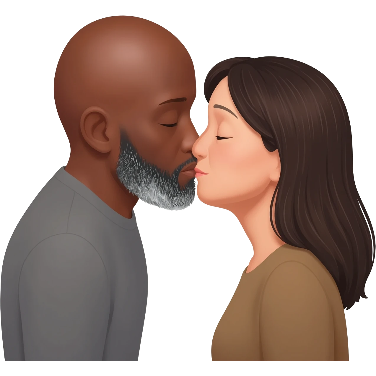 Baldheaded black man with salt/pepper goatee kissingJapanese brunette older woman emoji