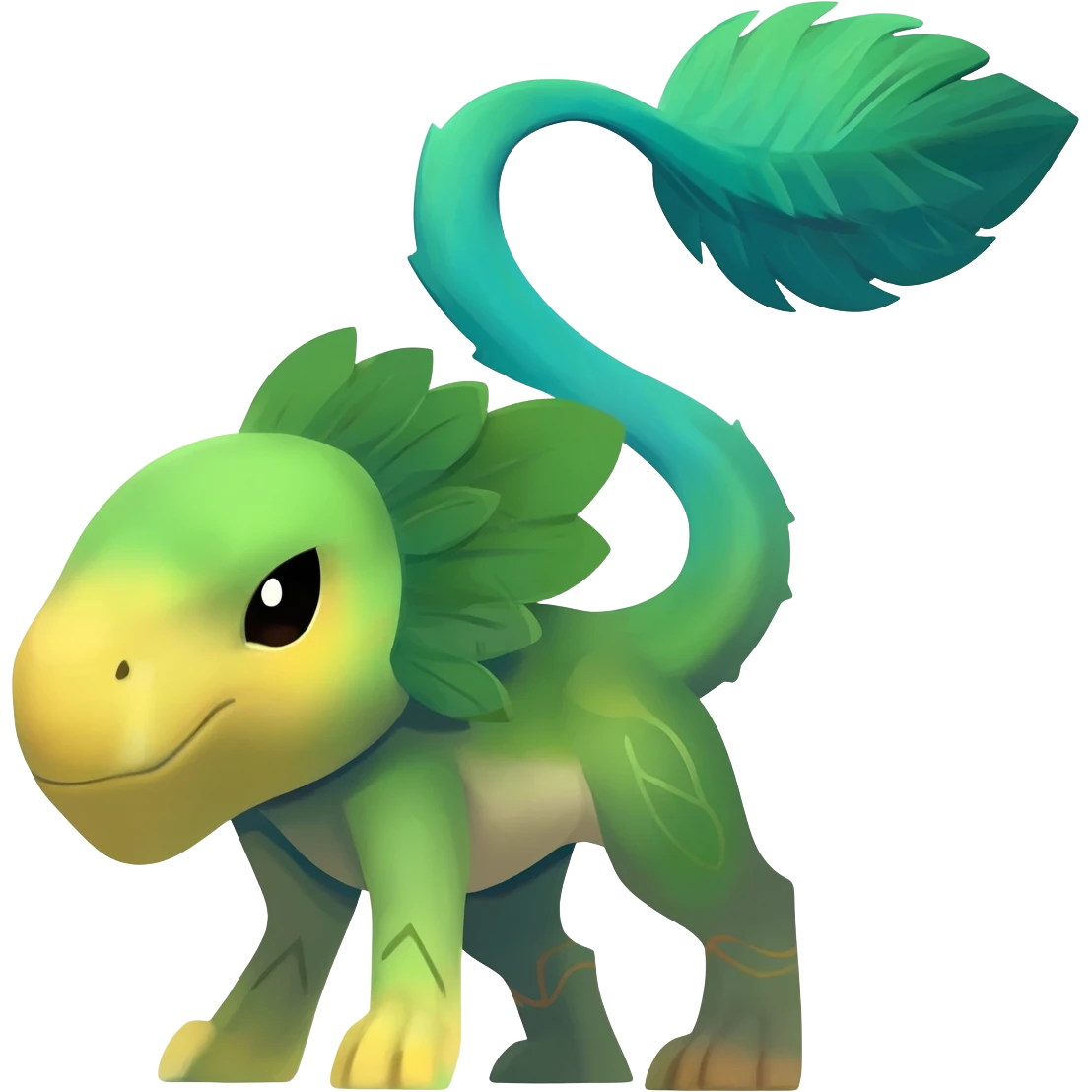  Tropical feathery shamanic cultural Greenish beautiful handsome gorgeous aesthetic colorful vibrant Vernid-Trico-species-Fakemon-creature by LiLaiRa, 4 legs, 1 tail, random markings, (full body) emoji