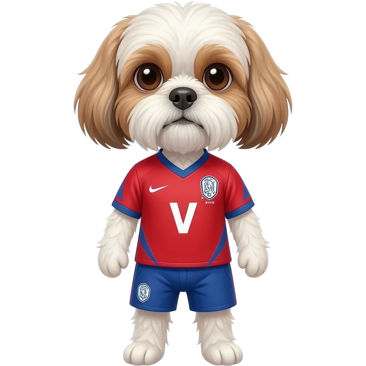 white and light brown shih zhu wearing a South Korea soccer jersey v neck 2026 work cup emoji