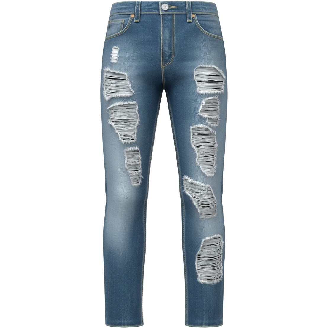Ripped, destroyed skinny jeans inspired by Amiri style, heavily distressed denim with stacked fit, knee rips, frayed details, light wash, emoji style, centered, no model, no shoes, no extras. emoji