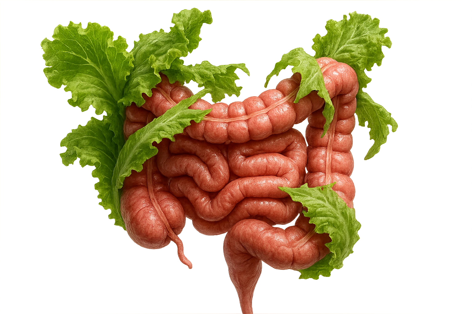 foglie di insalata che attaccano un intestino anatomico umano per distruggerlo, iperrealistico emoji
