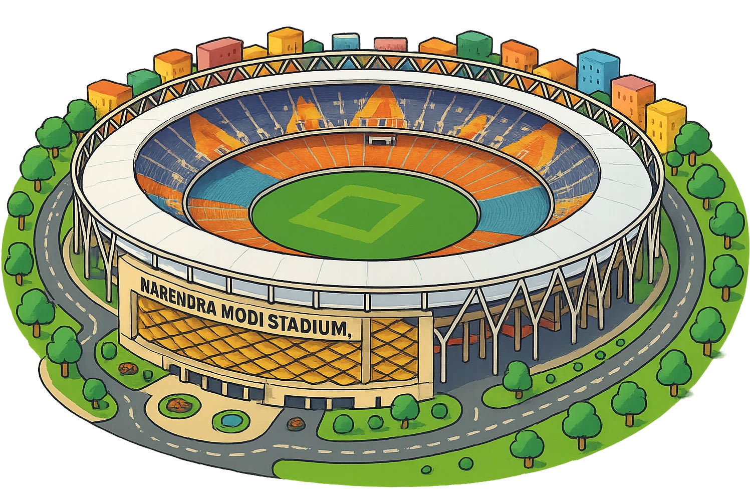 Изометричная, яркая, детализированная иллюстрация стадиона Narendra Modi Stadium в Ахмедабаде, Индия, в стиле 3D-коллажей городов, насыщенные цвета, аккуратные линии, мультяшно-реалистичная стилистика. Чёткие контуры, прозрачный фон, высокое качество. emoji