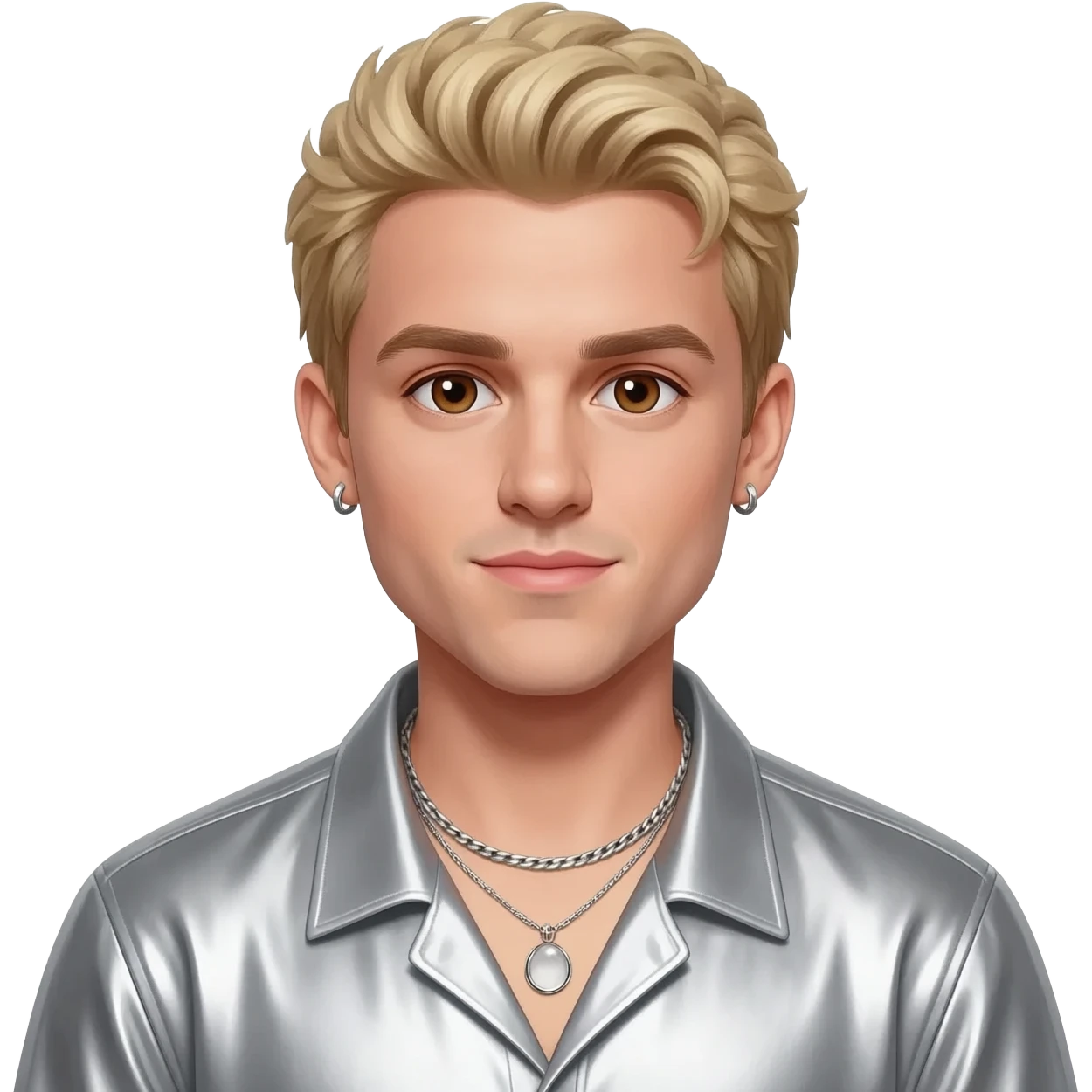 Aaron Carter with brown eyes, blonde hair, silver metallic shirt, silver necklace with short earrings emoji