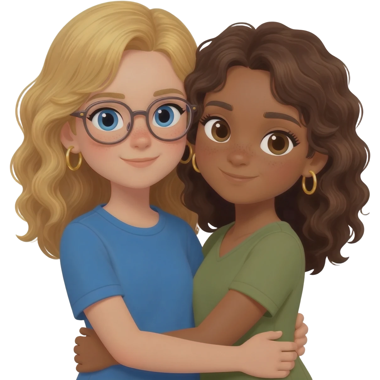 tan girl with blond wavy hair blue eyes no glasses age 10 gold hoop earrings wearing a blue top with an olive skin girl with brown wavy hair  small gold hoop earrings hugging each other emoji