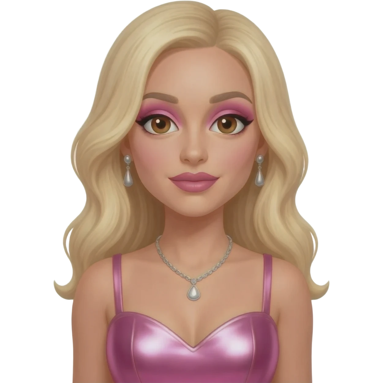 Britney Spears with brown eyes, long blonde hair, pink eyeshadow and lipstick, pink metallic sweetheart dress, silver necklace and earrings emoji