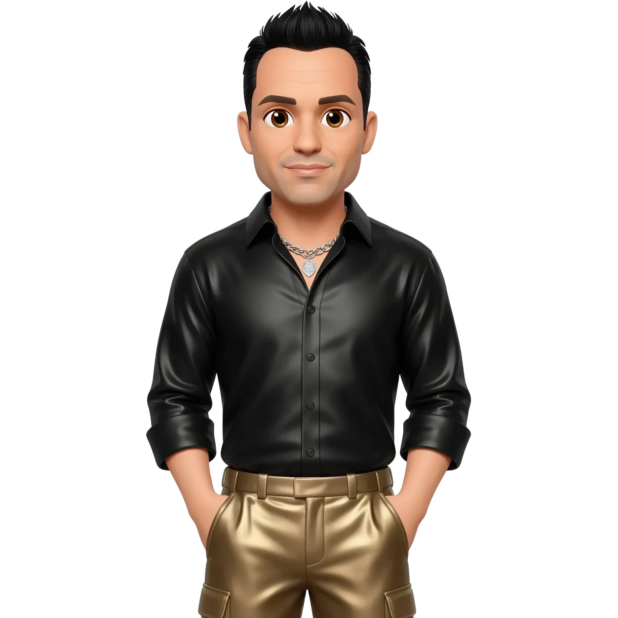Steve-O with brown eyes, black hair, black metallic shirt, taupe metallic baggy pants, silver necklace emoji