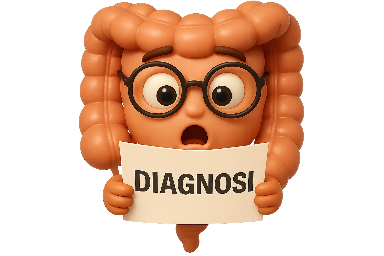 EMOJI STILE IPHONE DI UN INTESTINO CON GLI OCCHIALI CHE LEGGE UN FOGLIO CON LA SCRITTA DIAGNOSI, ESPRESSIONE STUPITA IN VOLTO, IPERREALISTICO 4K emoji