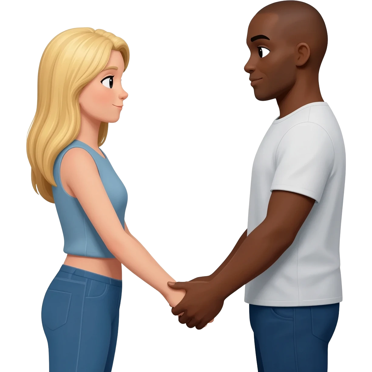 Blonde woman holding hangs with black man with shaved head emoji