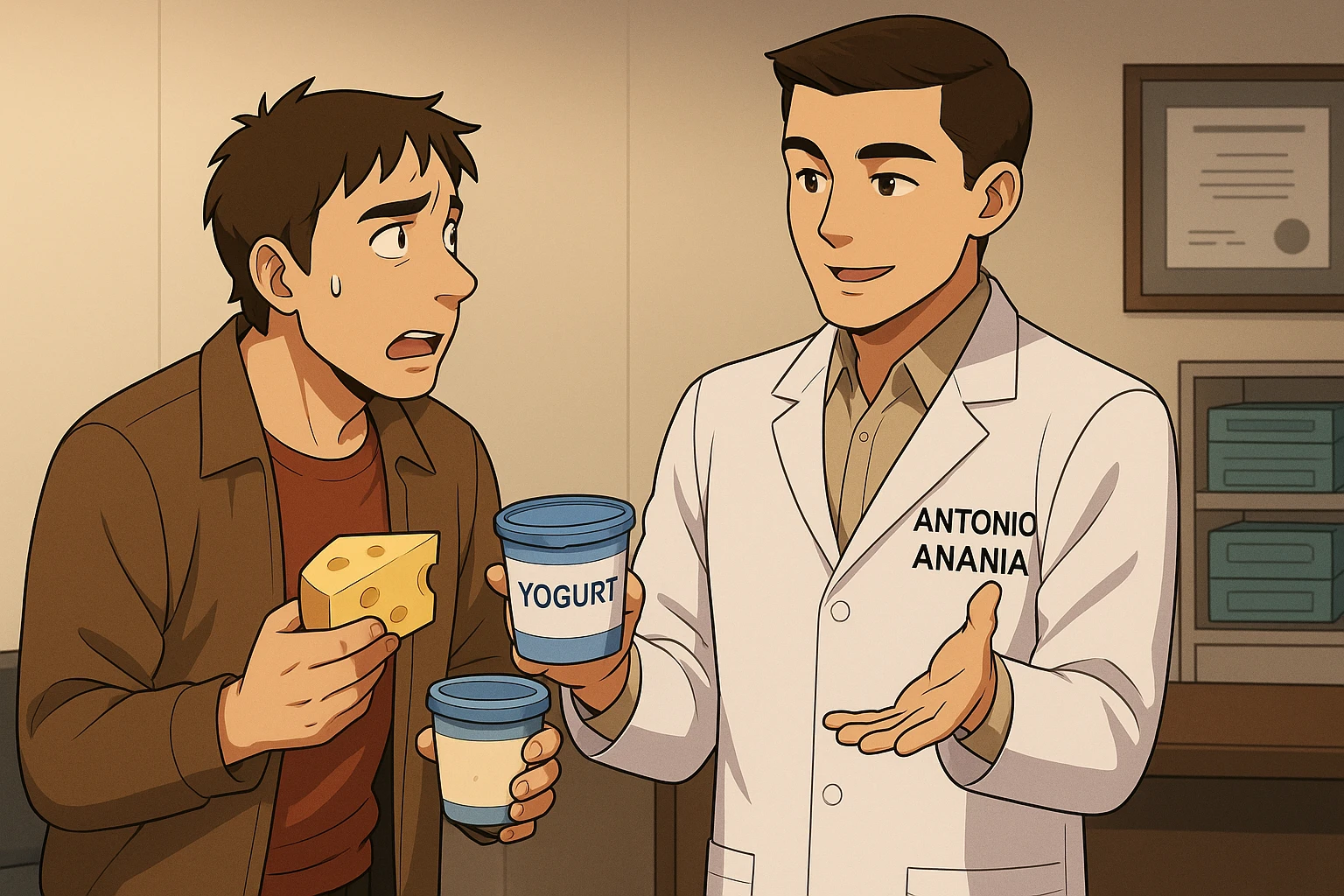 fai un webtoon manga a colori con questo stile, in cui un uomo fa una domanda al kinesiologo con il camice bianco (fagli anche la scritta "ANTONIO ANANIA" SUL CAMICE, l'uomo chiede una cosa mostrando un formaggio e uno yogurt al kinesiologo con il camice, IL KINESIOLOGO annuisce e SPIEGA ALL'UOMO UNA cos. L'UOMO ha un ESPRESSIONE CONFUSA IN VOLTO. non fare i fumetti però, fai solo in modo che sembri stiano parlando emoji