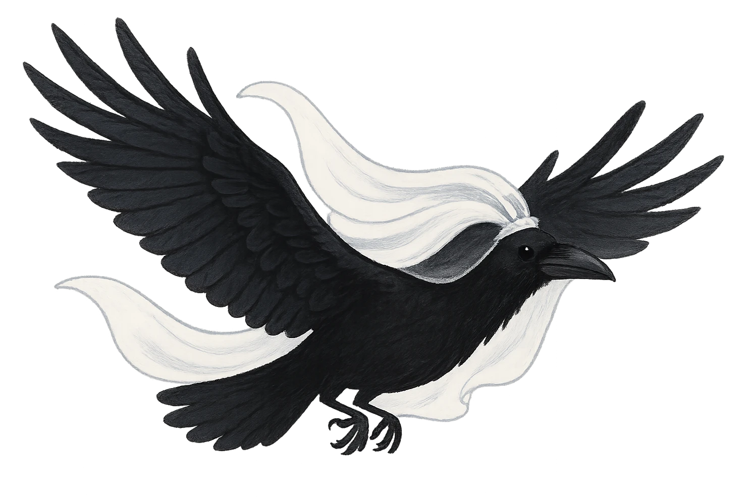 a black raven in flight, draped in a flowing white wedding veil, whimsical, transparent background emoji
