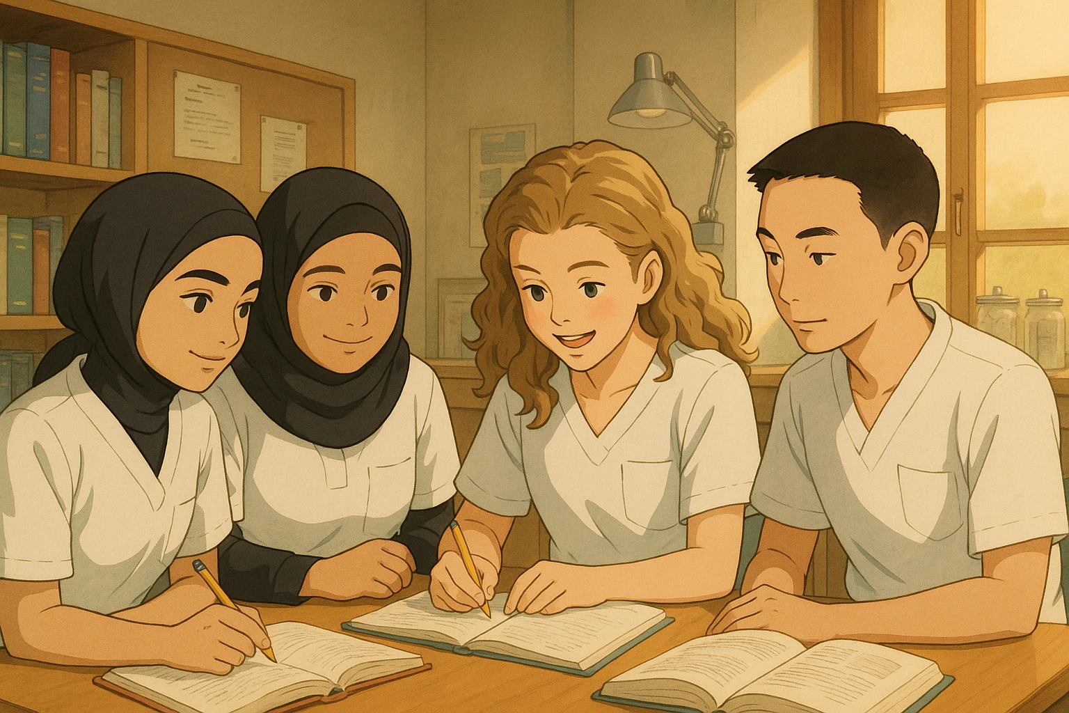 Ghibli style interior scene with four nursing students collaborating. They wear white short-sleeve uniforms with V-neck medical tunics and a left chest pocket, no stethoscopes or clothes under the tunic. Professional and friendly atmosphere with a different composition. emoji