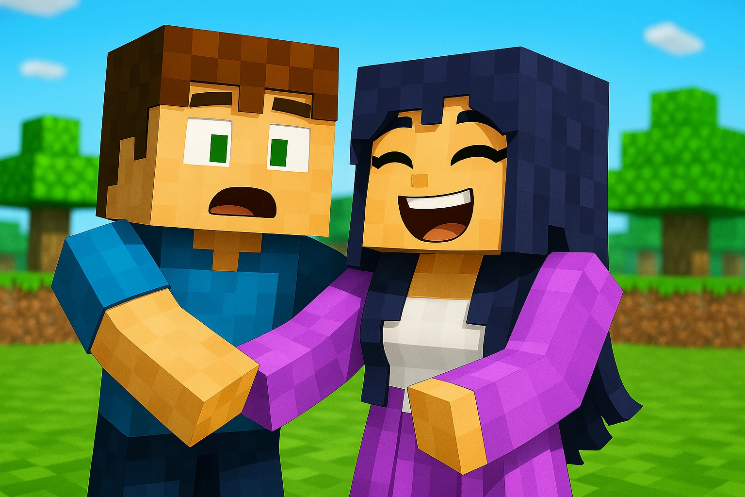 Add a surprised expression to the boy and a laughing expression to the girl in Minecraft style. Keep the blocky, pixelated Minecraft look with simple, colorful textures and cubic shapes. emoji