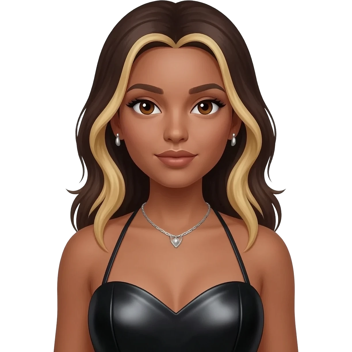 Ciara with dark brown eyes, long dark brown hair with blonde highlights, black metallic sweetheart dress, silver necklace with earrings emoji