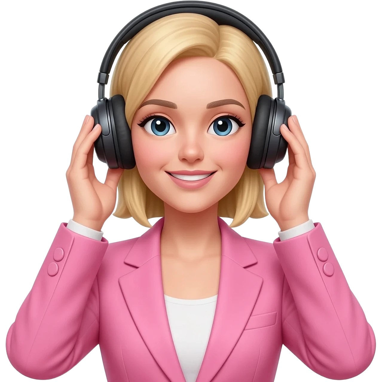 Woman in blonde hair and pink suit wear a black headphones on head connect to pink iphone max pro and hold on headphones on head with hands on headphones emoji
