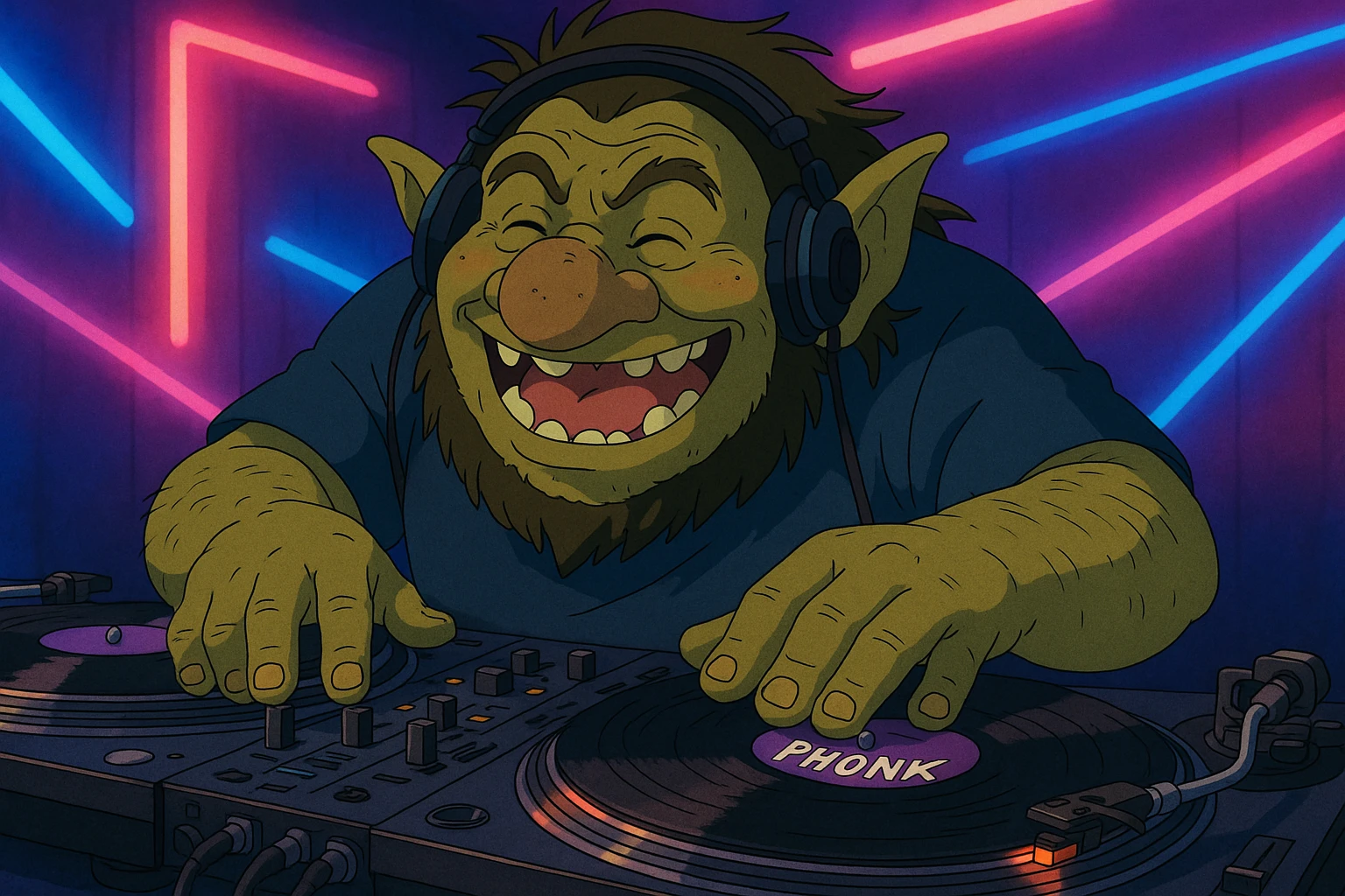 troll DJ spinning phonk records, neon-lit background, playful expression, ghibli style emoji