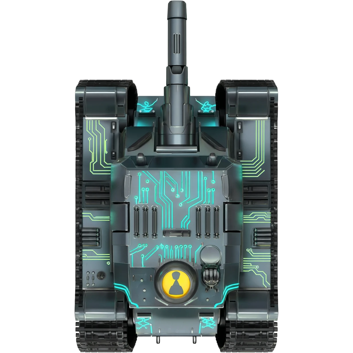A top down view of a robot with tank tracks, in a cyber punk futuristic style far beyond what is currently available today, from the year 3000, the camera needs to be directly above the robot looking down emoji
