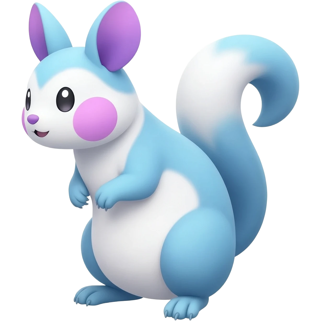 Light-pastel-Cyan-white-blue-gradients electric type rodent-chinchilla-squirrel-gerbil-jerboa-Pachirisu-Minccino-Pokémon-Fakémon-fusion-hybrid-Pokémon-animal-creature, full body with purple-violet-pinkish round cheek markings  emoji