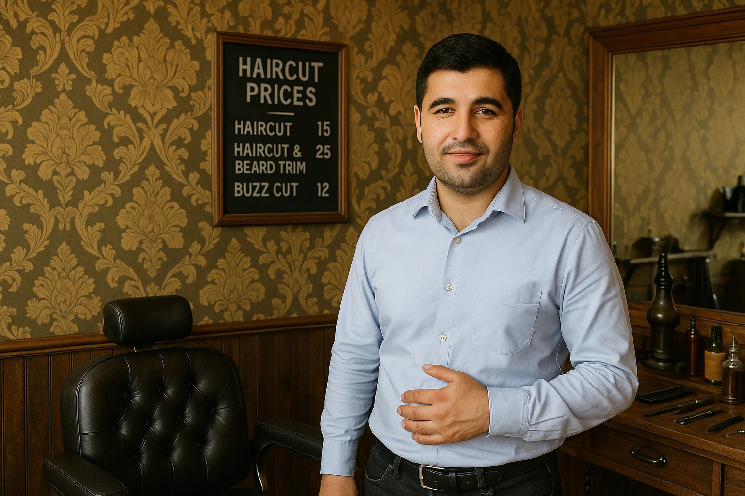 Draw me a picture of a barbershop that looks like this guy working in a barbershop. The barbershop doesn't have to be very modern. It should be on a medium floor. Also draw a blackboard on the wall. It should have the prices for haircuts there. emoji
