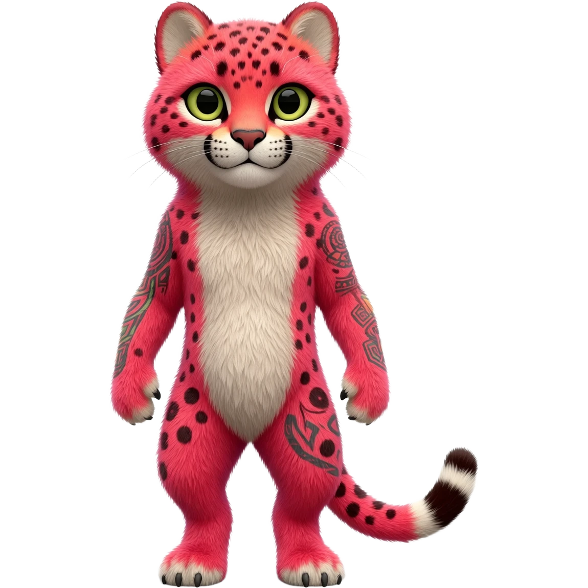 Hyper-Realistic furry flurry fuzzy detailed Colorful cute adorable tropical exotic fruity kiwi-green lemony rosy neon-red Caracal-Cheetah-Civet-Trico-fusion-hybrid-animal-creature, full body, with tribal tattoos emoji